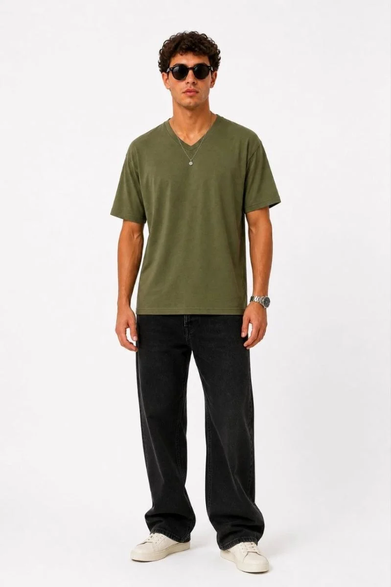 Erkek V Yaka Basic Tişört Kısa Kol Yazlık Regular Fit T-Shirt - Haki