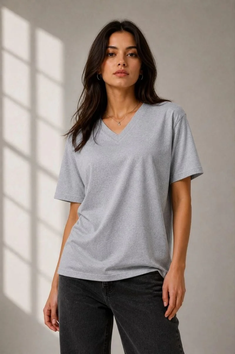 Kadın V Yaka Basic Tişört Kısa Kol Yazlık Regular Fit T-Shirt - Gri