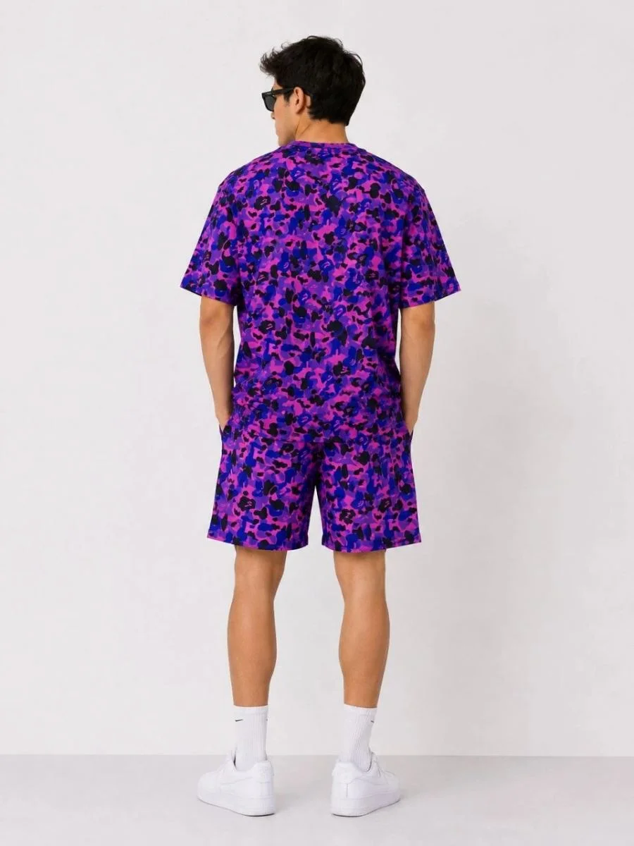 Erkek Oversize Kalıp Pubg Bape X Shark Nakışlı Cepli Şort Takım - Mor