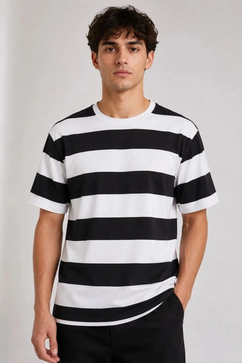 Erkek Çizgili Oversize Tişört Bisiklet Yaka Kısa Kol Yazlık T-Shirt - Siyah