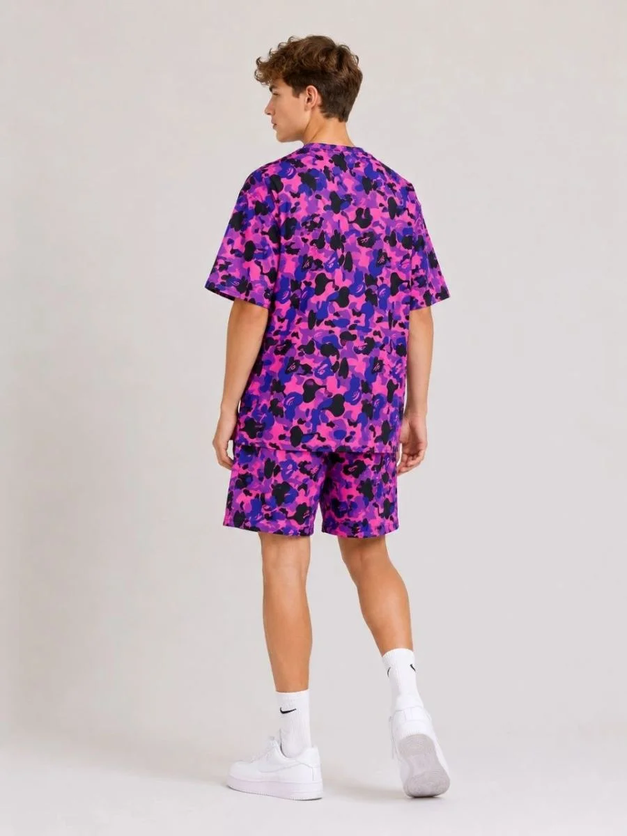 Erkek Çocuk Oversize Kalıp Pubg Bape X Shark Nakışlı Cepli Şort Takım - Mor