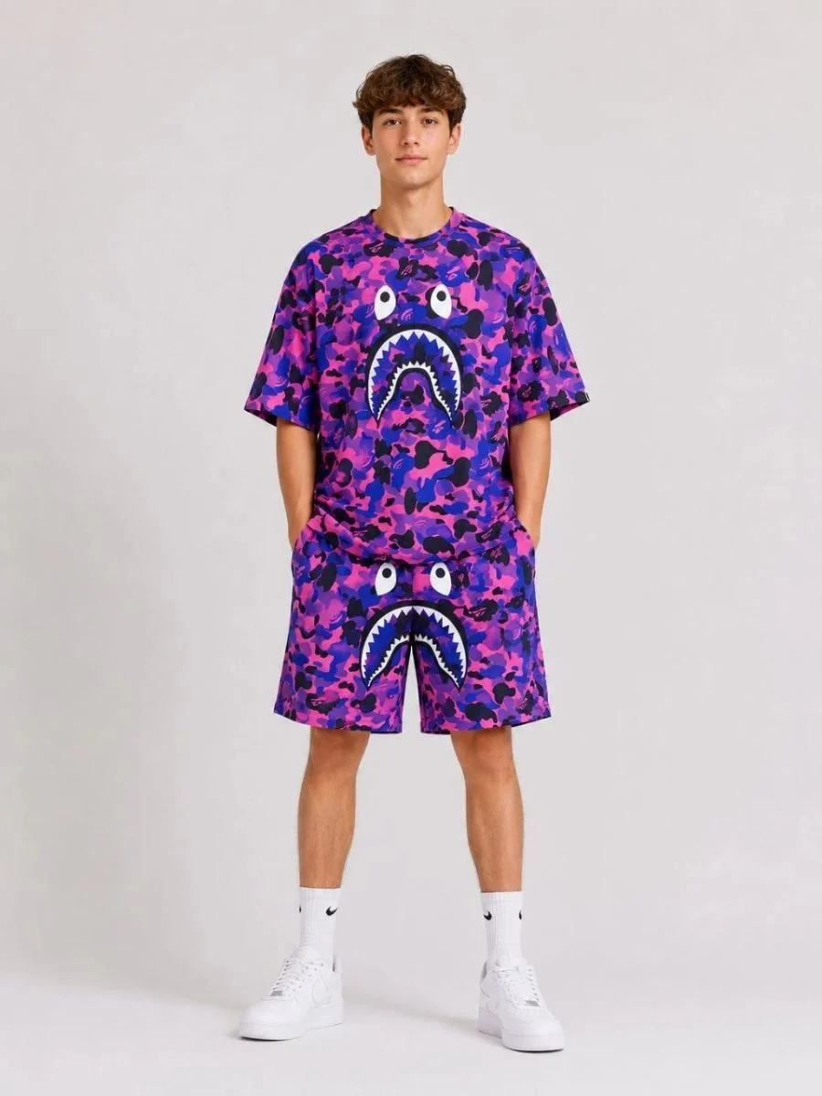 Erkek Çocuk Oversize Kalıp Pubg Bape X Shark Nakışlı Cepli Şort Takım - Mor