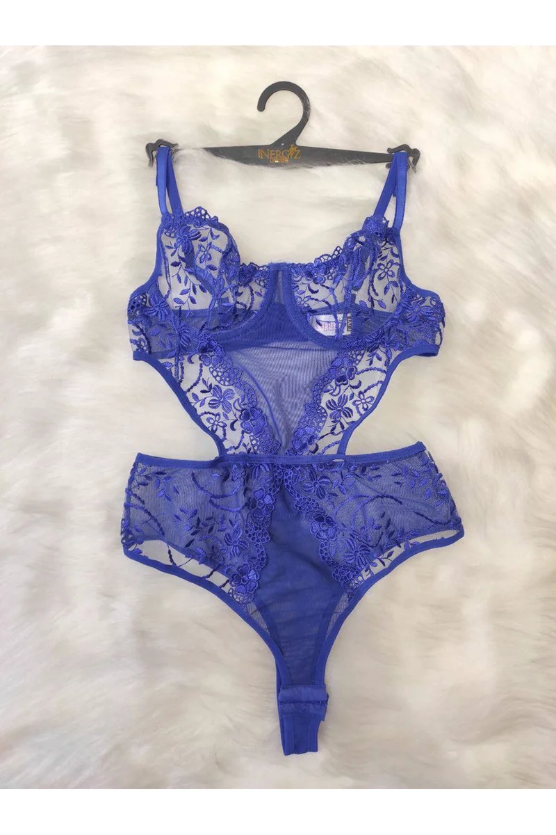 Kadın Saks Mavi Transparan Dantel Detaylı Bodysuit Seksi Brode İç Çamaşırı