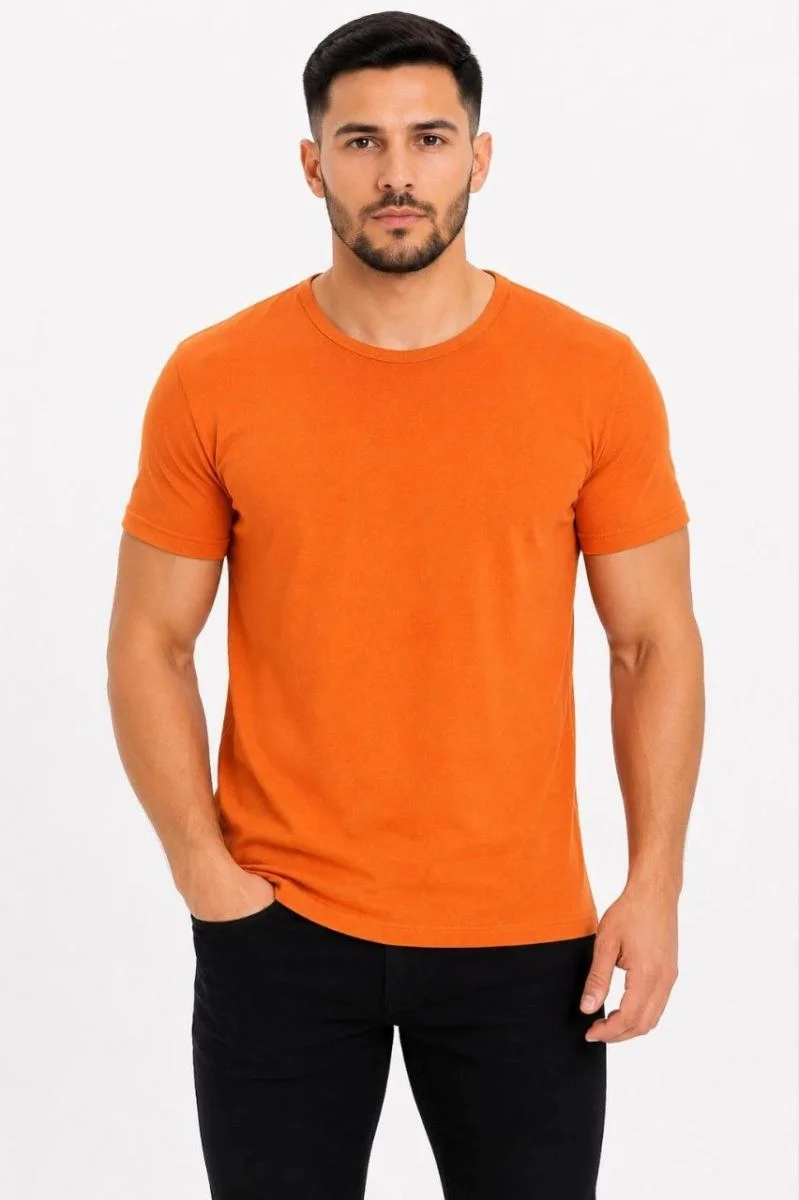 Erkek Basic Tişört Bisiklet Yaka Kısa Kol Günlük Yazlık Slim fit T-Shirt - Turuncu