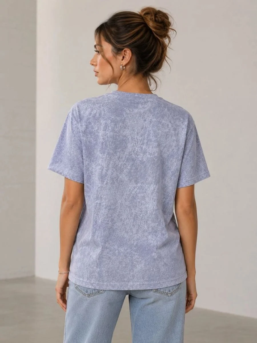 Kadın Yıkamalı Washed Effect Tişört Bisiklet Yaka Sokak Stil Kısa Kol T-Shirt - Gri