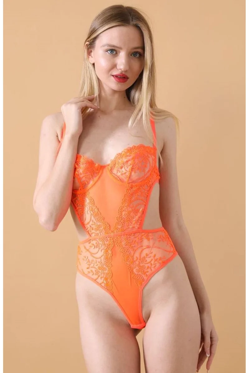 Kadın Neon Turuncu Transparan Dantel Detaylı Bodysuit Seksi Brode İç Çamaşırı