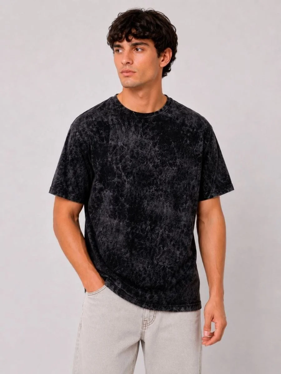 Erkek Yıkamalı Washed Effect Tişört Bisiklet Yaka Sokak Stil Kısa Kol T-Shirt - Siyah