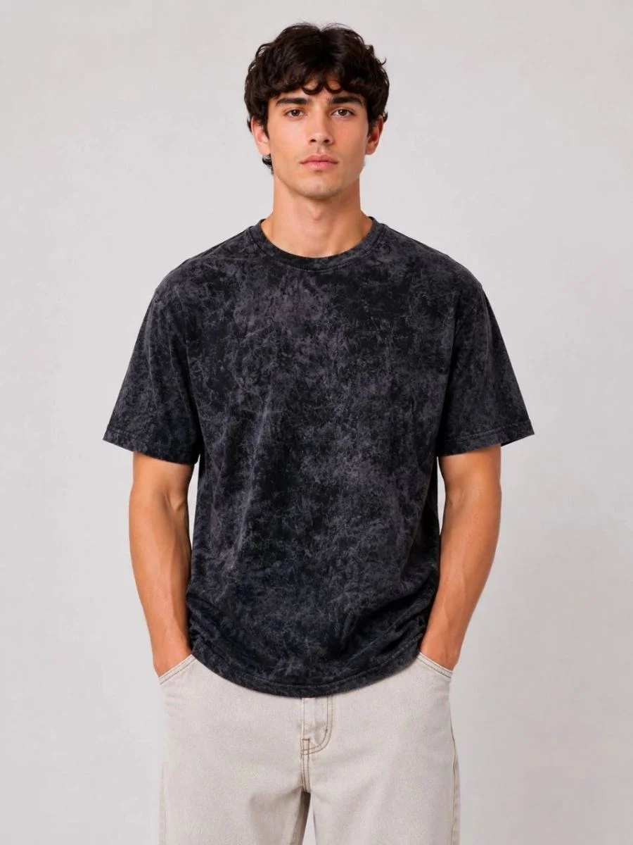 Erkek Yıkamalı Washed Effect Tişört Bisiklet Yaka Sokak Stil Kısa Kol T-Shirt - Siyah