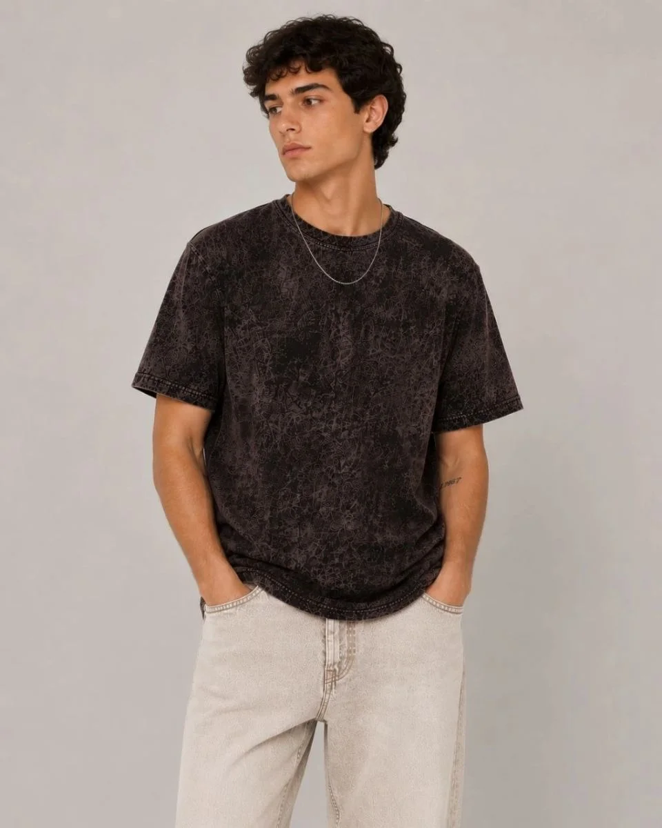Erkek Yıkamalı Washed Effect Tişört Bisiklet Yaka Sokak Stil Kısa Kol T-Shirt - Füme