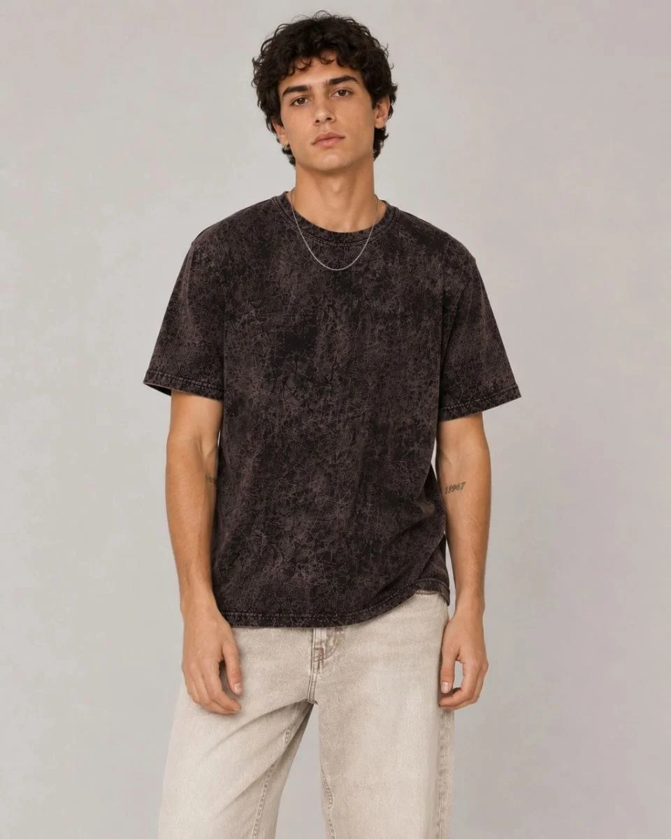 Erkek Yıkamalı Washed Effect Tişört Bisiklet Yaka Sokak Stil Kısa Kol T-Shirt - Füme