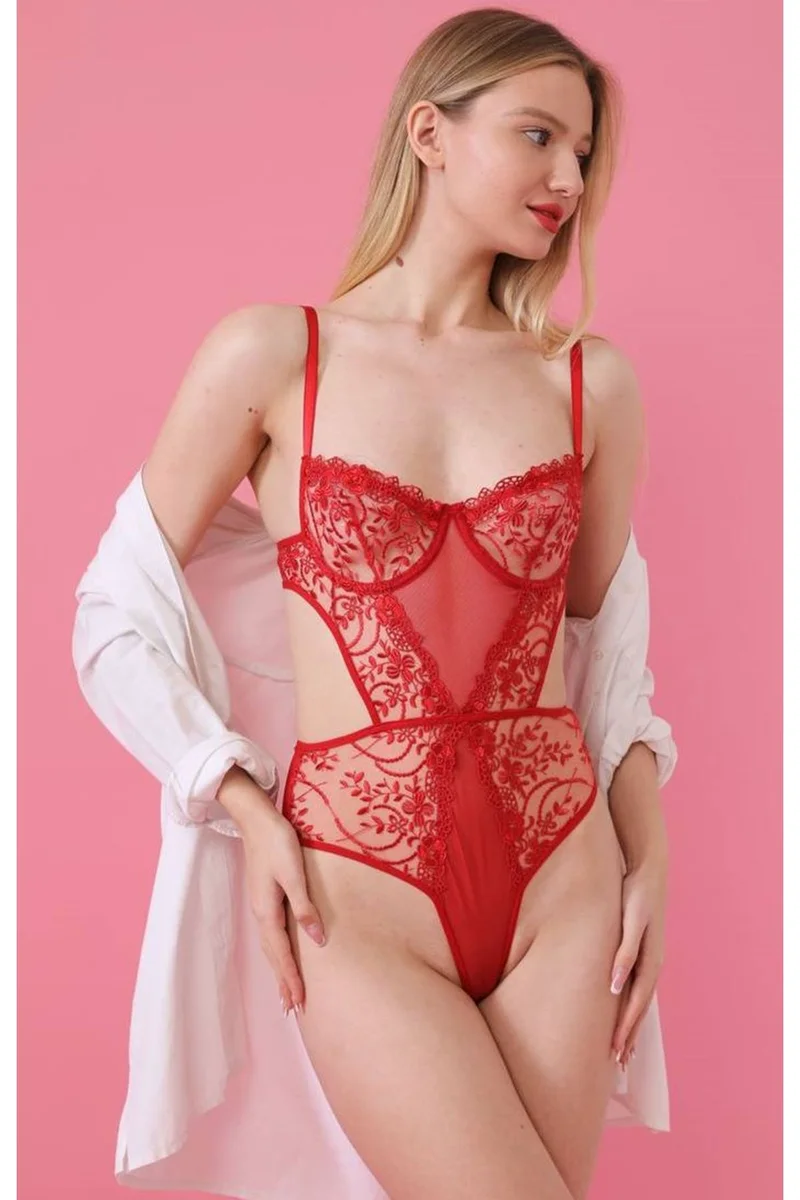 Kadın Kırmızı Transparan Dantel Detaylı Bodysuit Seksi Brode İç Çamaşırı