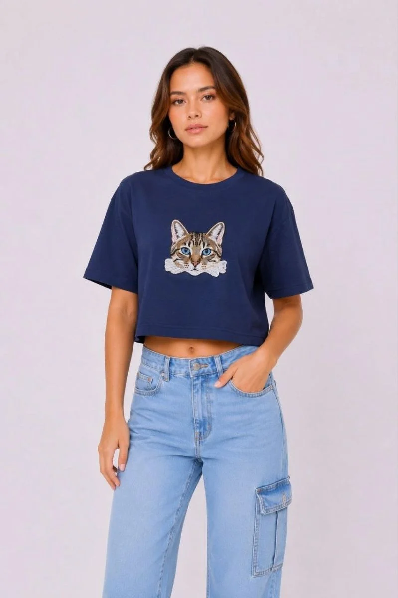 Kadın Kedi Baskılı Oversize Crop Tişört Salaş Basic Yarım Kol T-shirt - Lacivert
