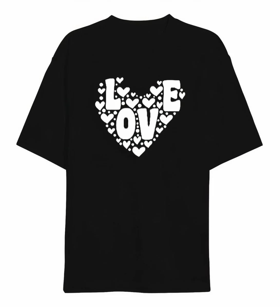 14 Şubat Sevgililer Günü Love Kalp Baskılı Oversize Bisiklet Yaka T-shirt - Siyah