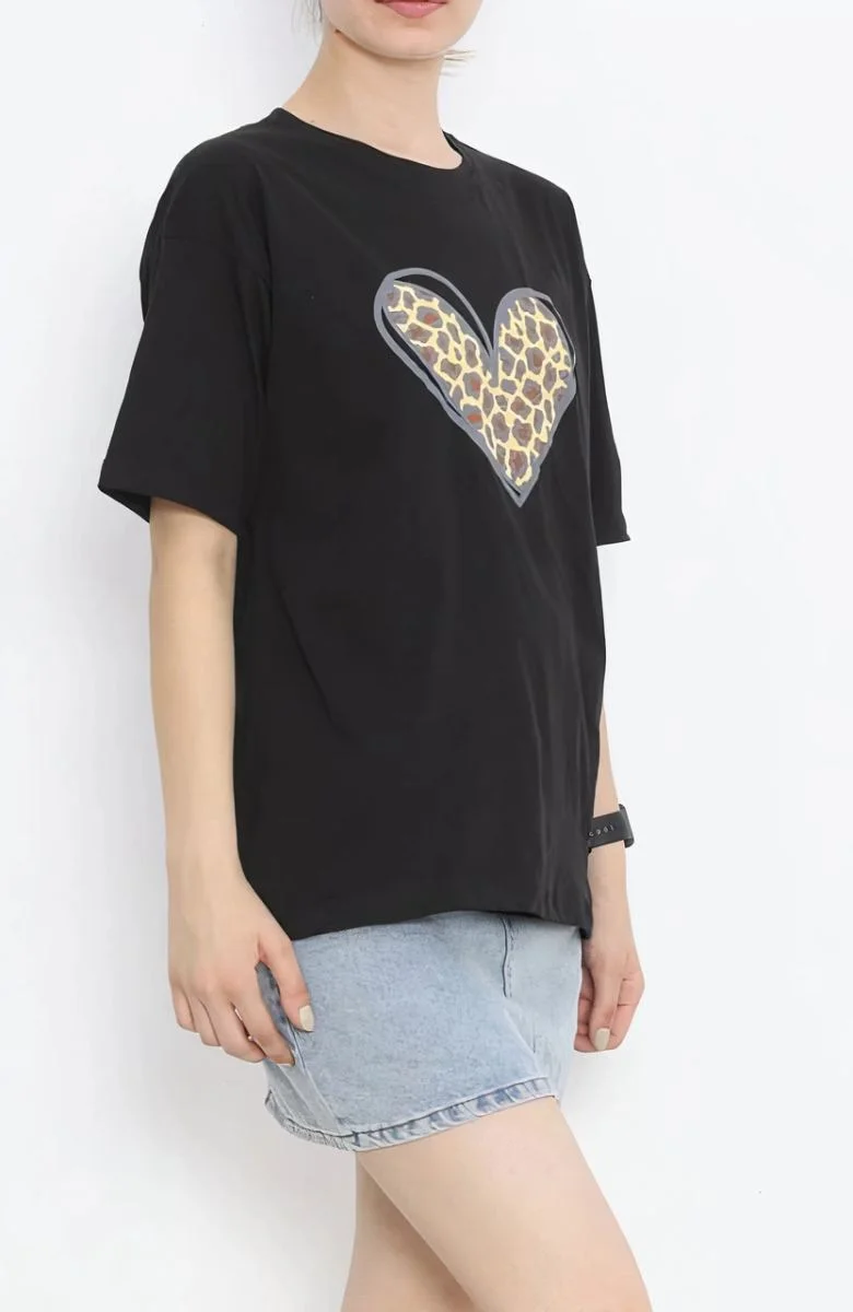 14 Şubat Sevgililer Günü Leopar Kalp Baskılı Oversize Bisiklet Yaka T-shirt - Siyah