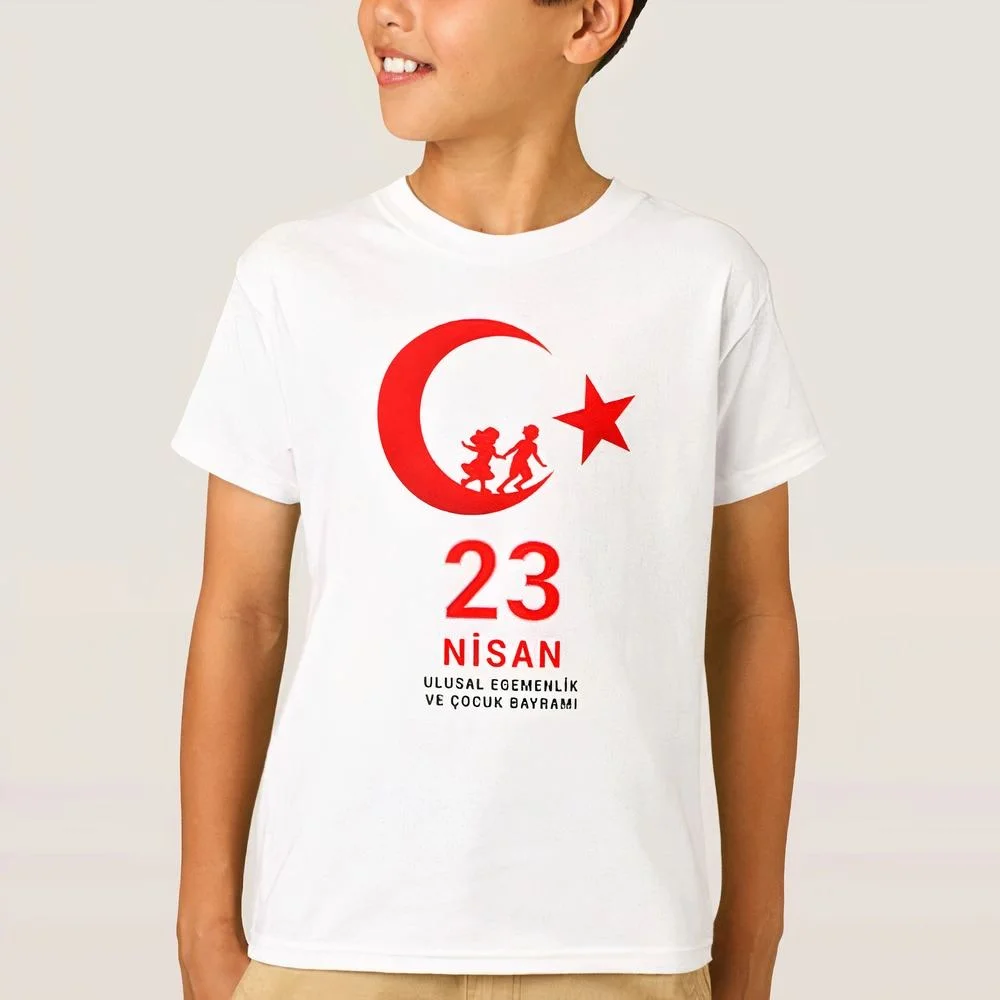 Çocuk 23 Nisan Ulusal Egemenlik ve Çocuk Bayramı Baskılı Bisiklet Yaka T-shirt - Beyaz