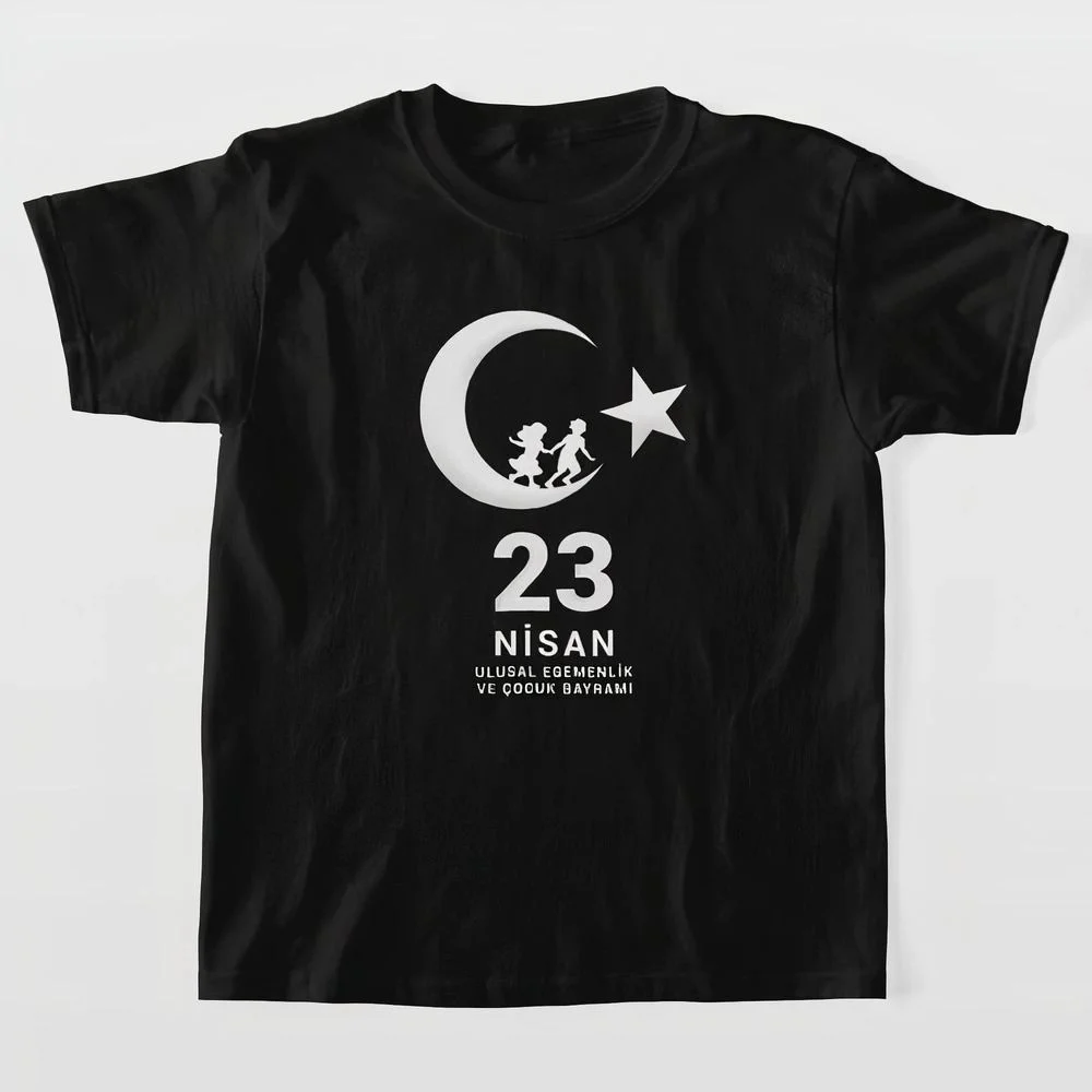 Çocuk 23 Nisan Ulusal Egemenlik ve Çocuk Bayramı Baskılı Bisiklet Yaka T-shirt - Siyah