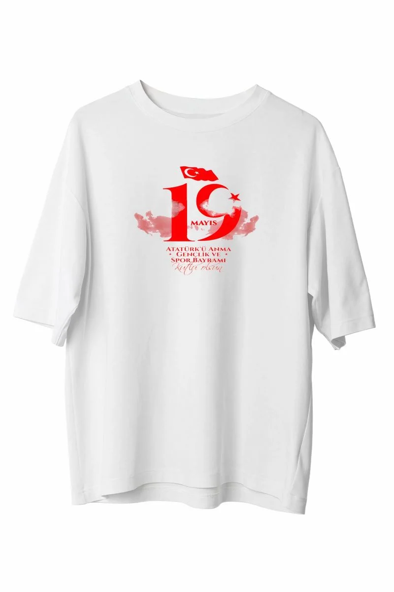 19 Mayıs Atatürk Temalı Gençlik ve Spor Bayramı Bisiklet Yaka T-shirt - Beyaz