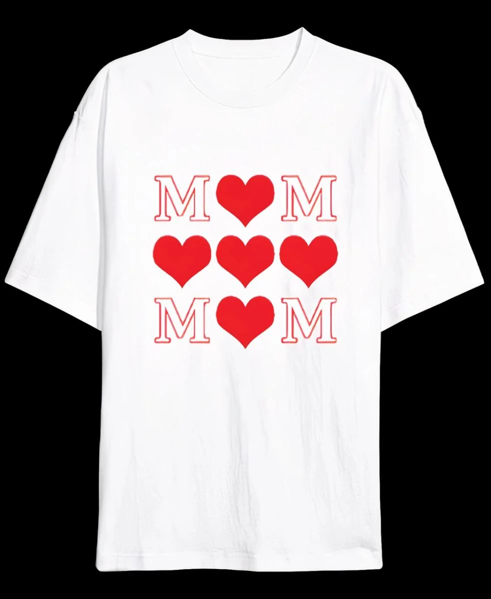 Anneler Günü Hediye MOM Kalp Baskılı Oversize Bisiklet Yaka T-shirt - Beyaz