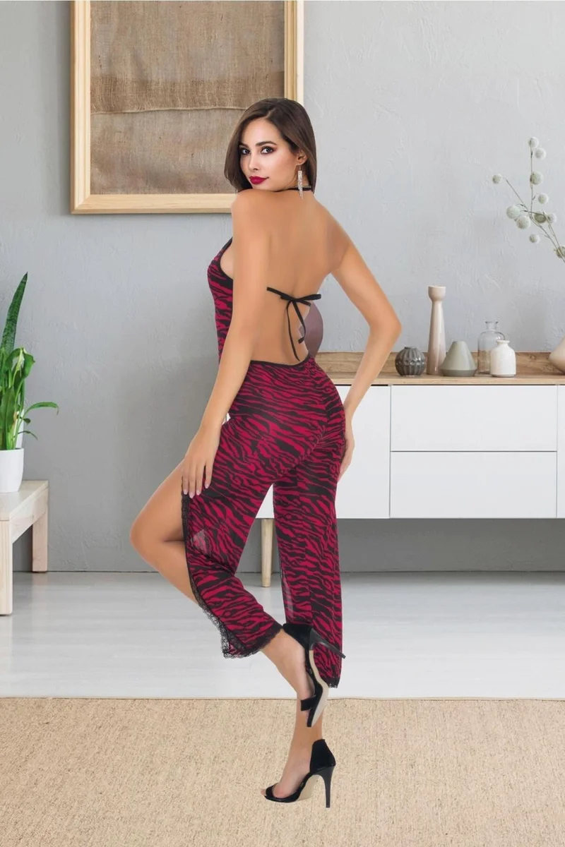 Kadın Zebra Desen Bordo Seksi Dantelli Askılı Tulum Gecelik Pijama Gecelik