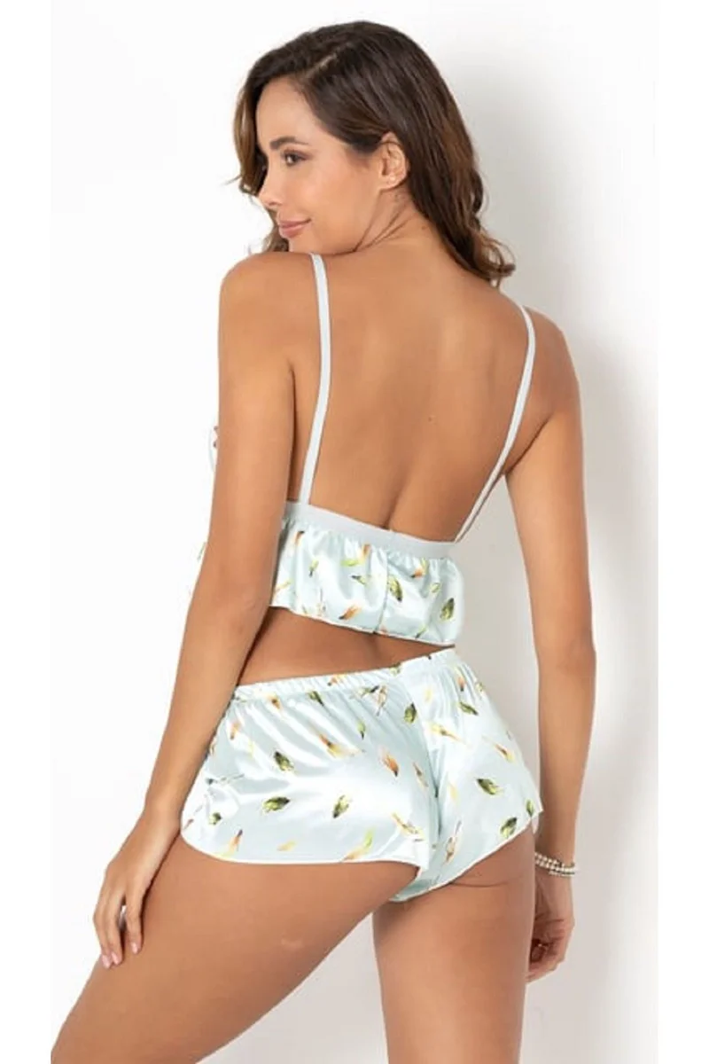 Kadın Su Yeşili Seksi Saten Askılı Crop Şort Takımı Pijama Gecelik Takım