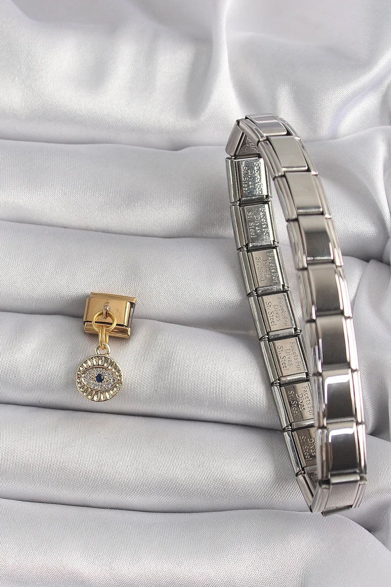 316L Çelik Gold Renk Sallantı Zirkon Taşlı Göz Model Nomination Charm