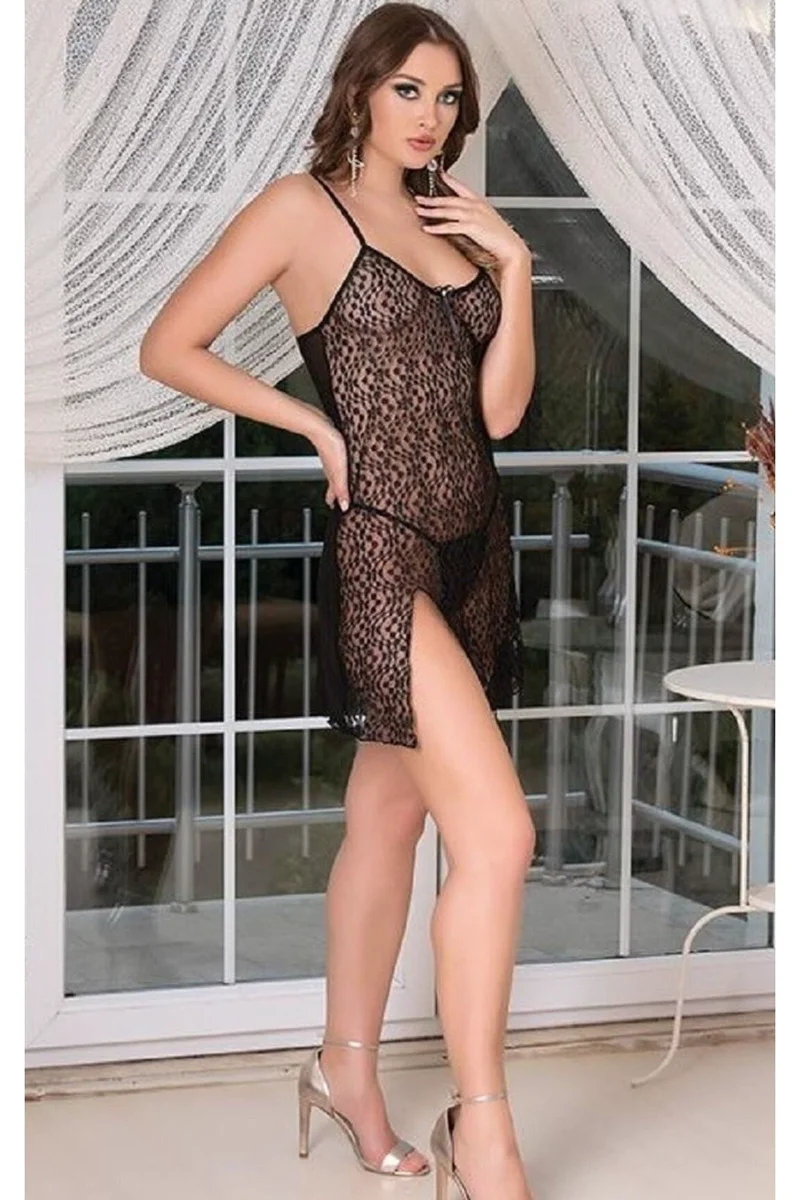 Kadın Siyah Desenli Özel Gece Giyim Çeyiz Seksi Takım Gecelik