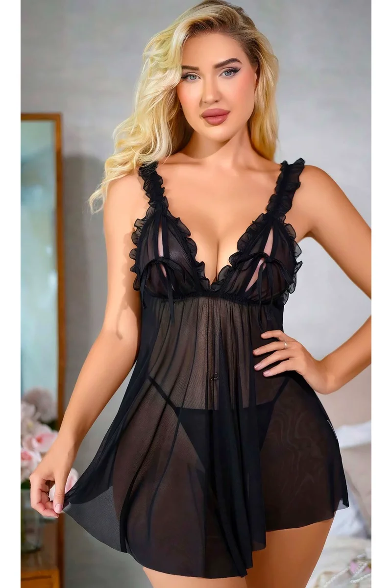 Kadın Seksi Siyah Fırfır Askılı Transparan Tül Gecelik Tanga Takımı Fantezi Erotik Gecelik