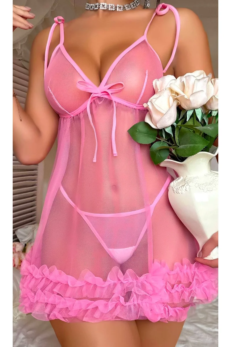 Kadın Seksi Pembe Dantel Detaylı Askılı Transparan Tül Gecelik Tanga Takımı Fantezi Gecelik Takımı