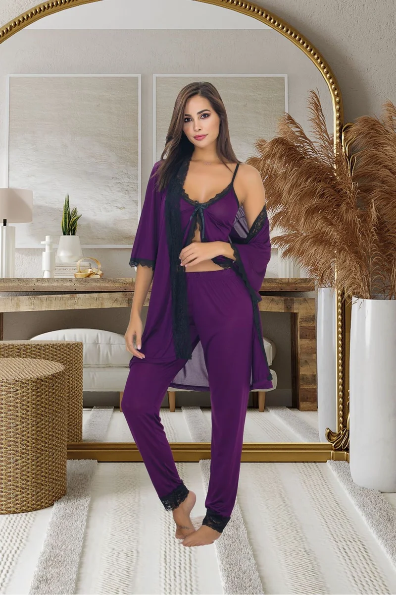 Kadın Seksi Mor Askılı Pijama Ve Sabahlık Takımı 6 Parça Alt Üst Gecelik Takım