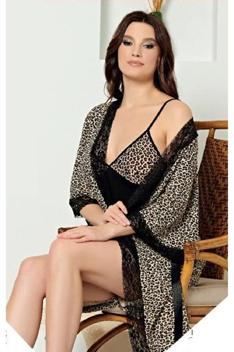 Kadın Leopar Desen Sabahlık Takım