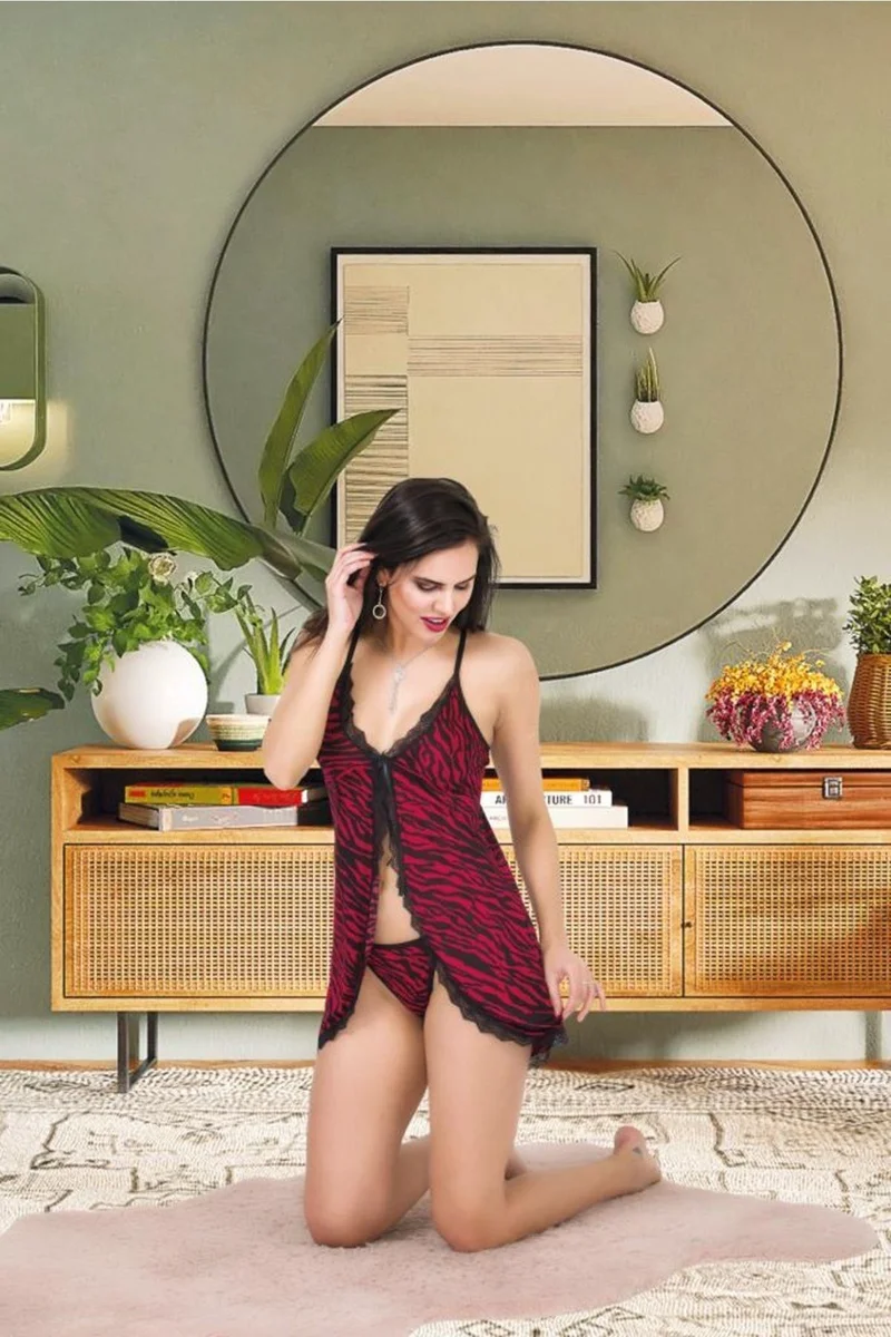 Kadın Bordo Zebra Desen 1 Parça Askılı Seksi Gecelik Takımı Günlük Gecelik