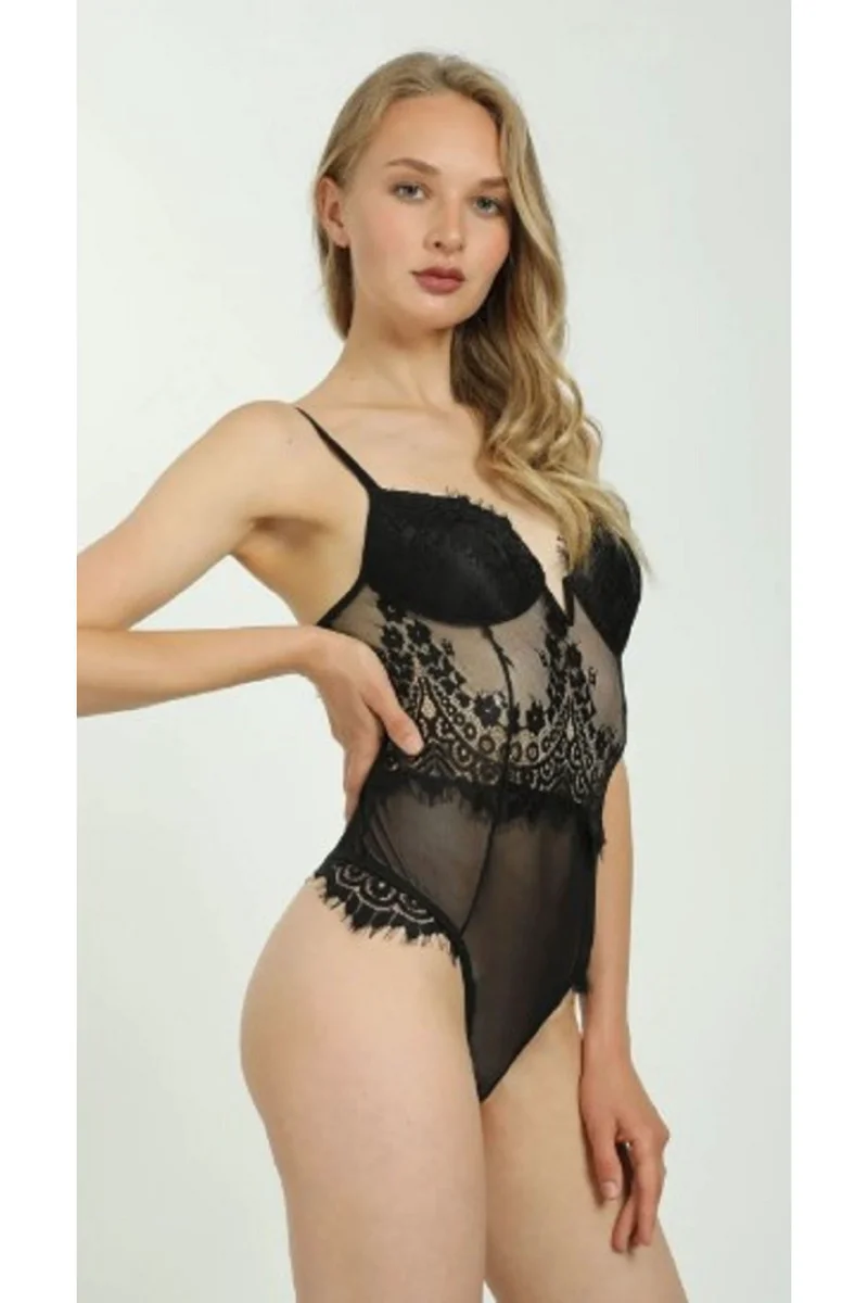 Kadın Siyah Kaplı Dantel Babydoll Badysuit