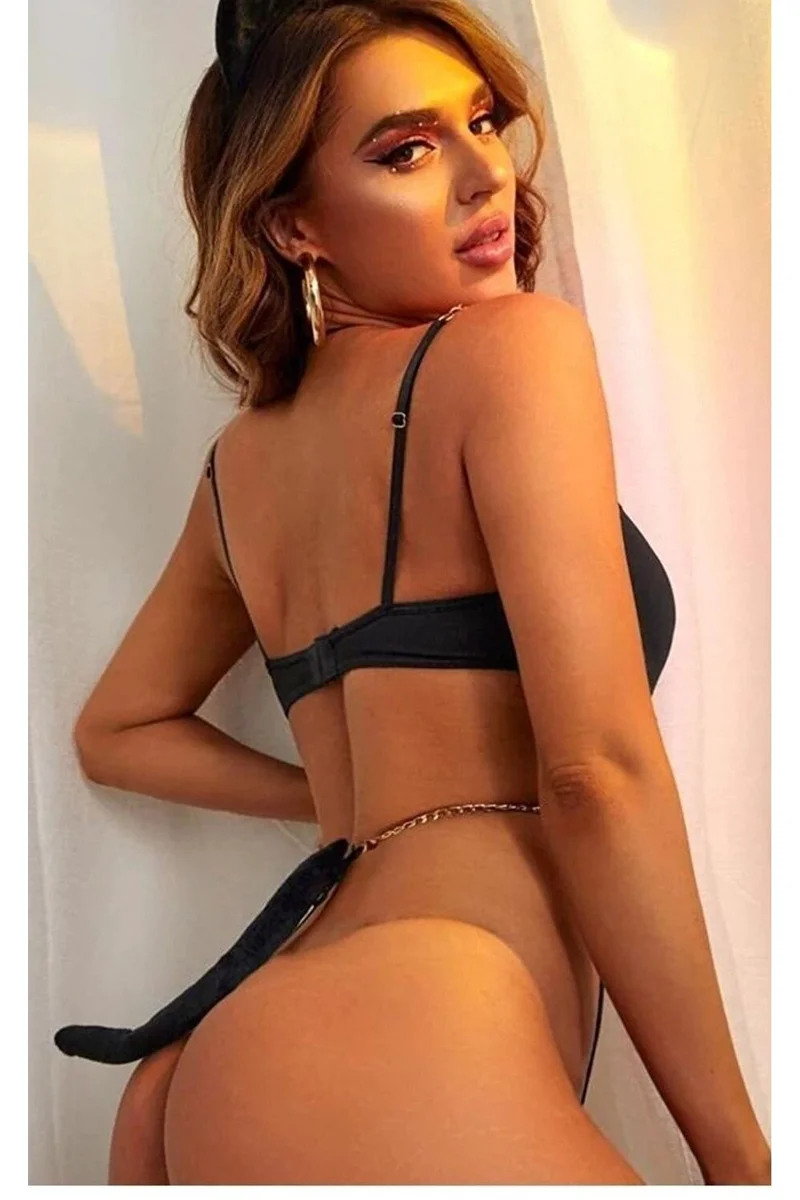 Kadın Seksi Zİncir Ve Kuyruk Detaylı Fantezi Babydoll