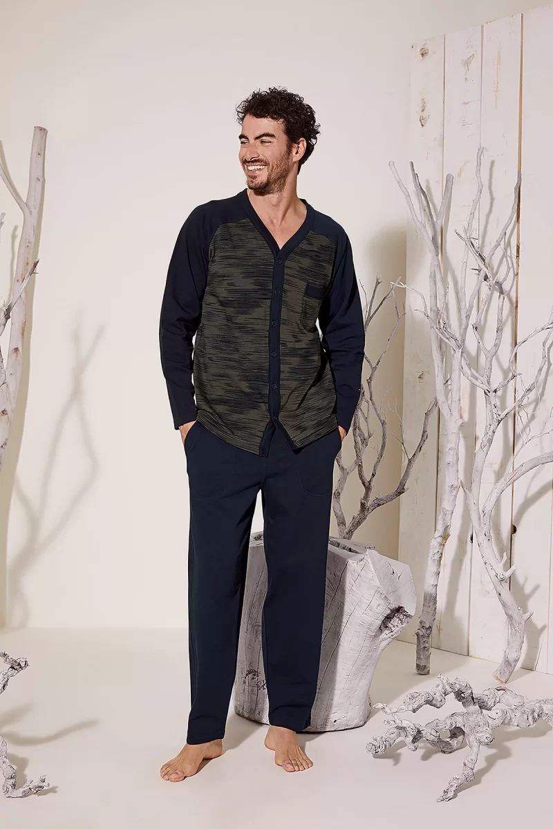 Erkek 8025 Erkek   V Yaka Boydan Düğmeli Pijama Takımı