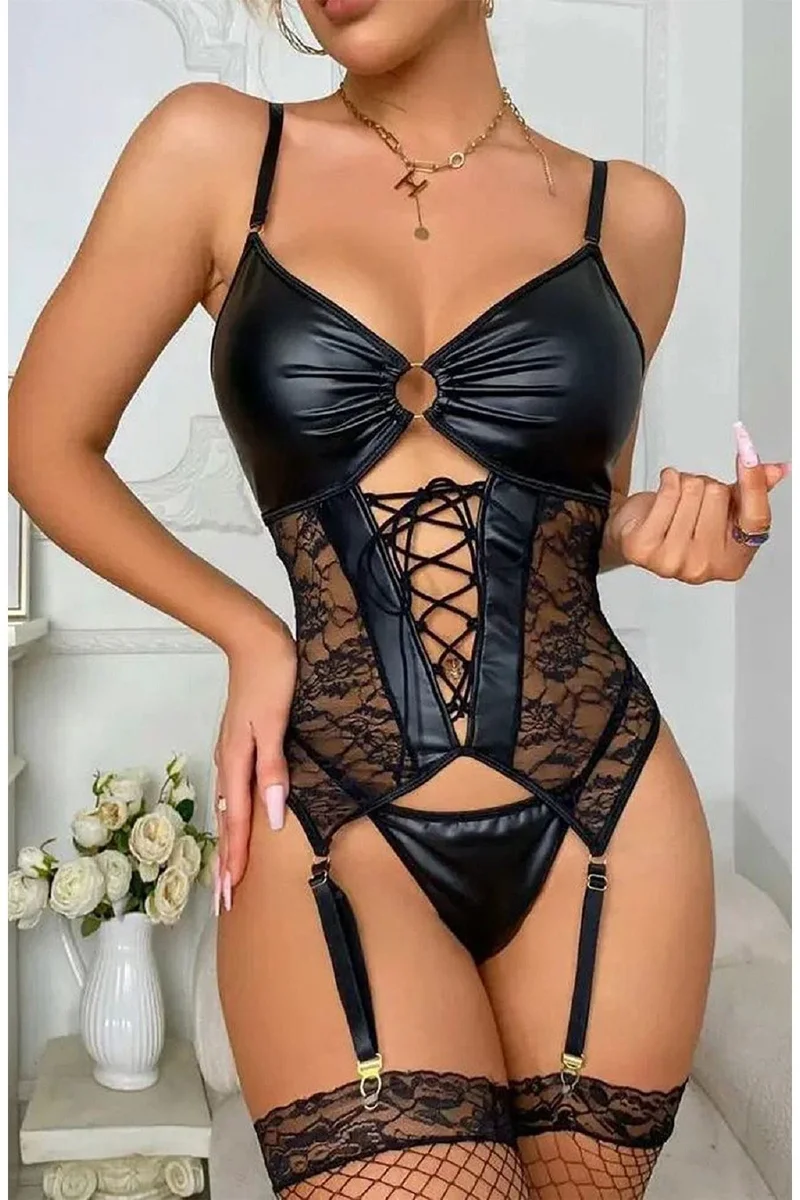 Kadın Siyah Lame Deri Jartiyerli Çoraplı Seksi Fantazi Jartiyer Takım