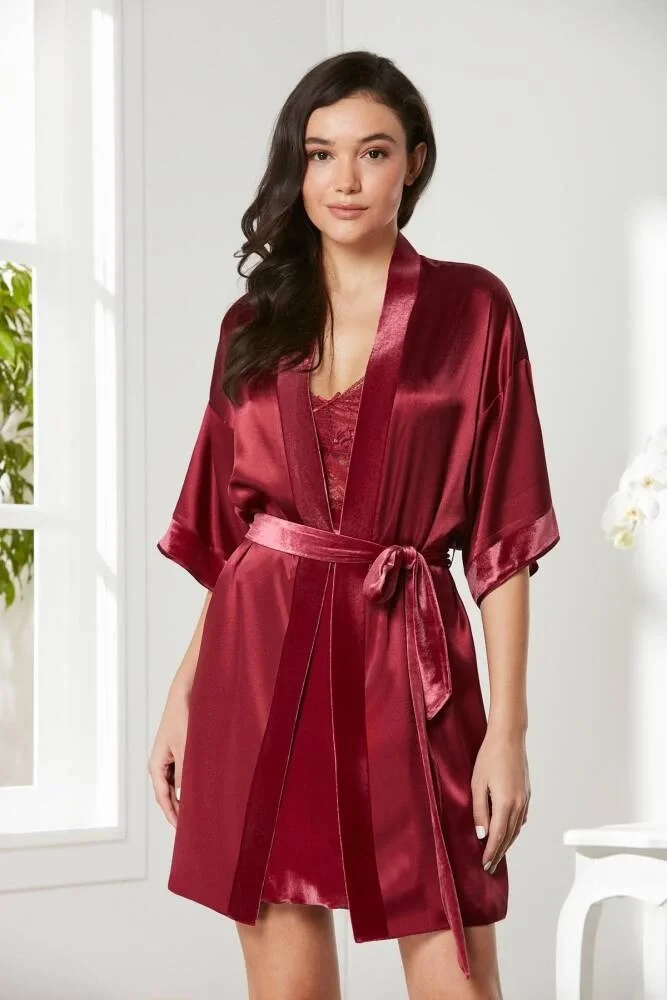 Pierre Cardin 4045 Kadife Saten Dantelli Gecelik ve Sabahlık Takımı