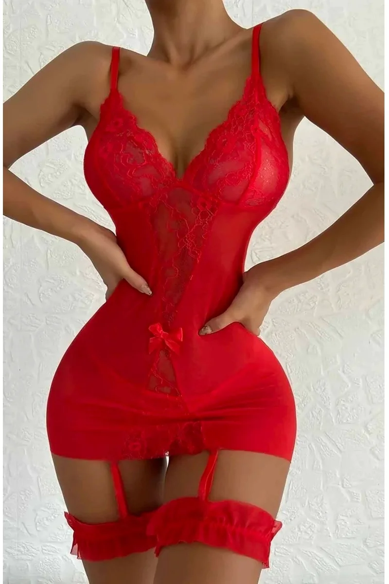 Kadın Fantazi Tanga Ve Bacak Bantlı Seksi Tül Ve Dantel Detaylı Jartiyer Takım