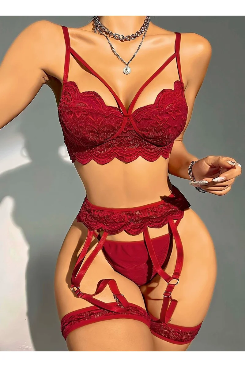 6 Parça Bordo Jartiyer Takımı Dantelli Fantezi Kostüm