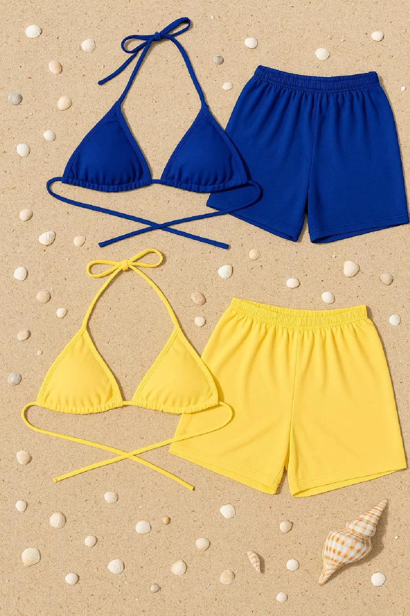 Kadın Sarı ve Mavi Şortlu Belden ve Boyundan Bağlamalı Bikini Takımı