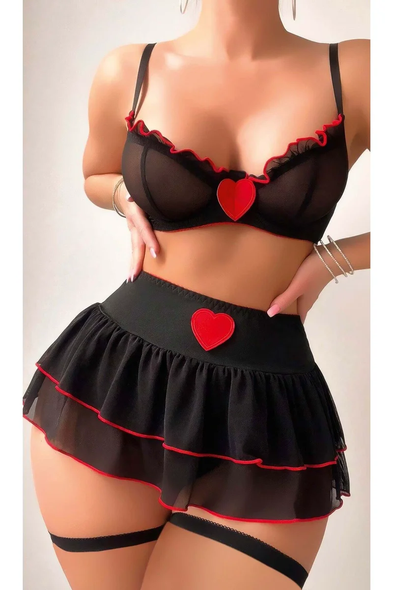 Kadın Siyah Seksi Kalp Detaylı Tül Etekli Fantezi Kostüm