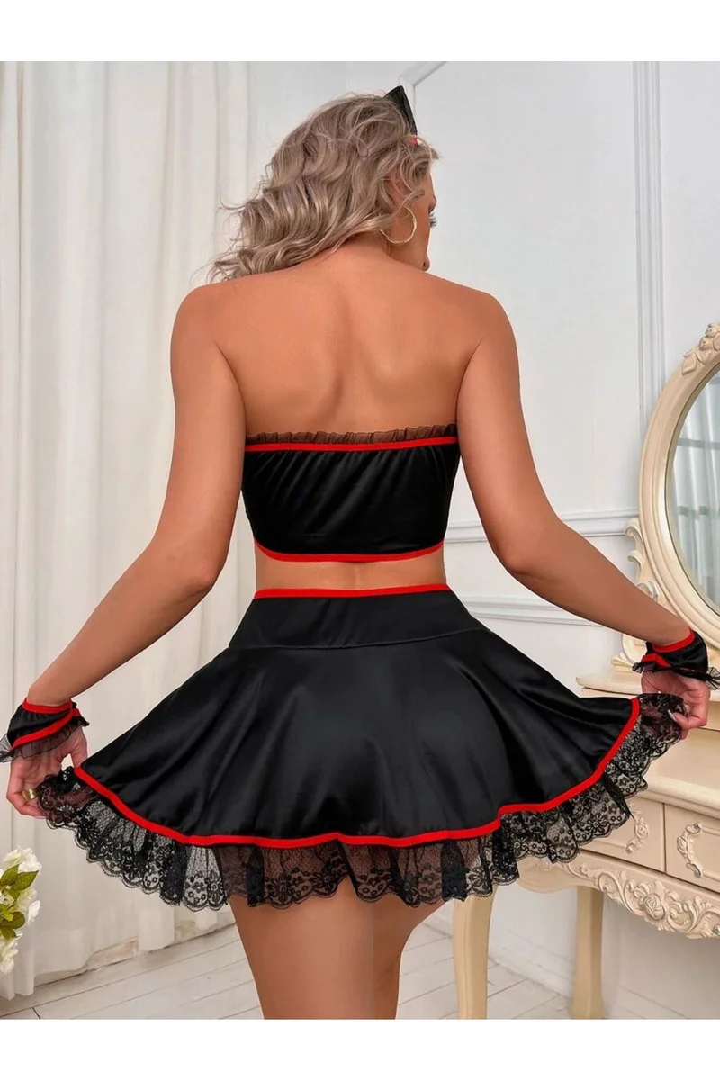 Kadın Siyah Saten Seksi Fantezi Hemşire Kostüm Aksesuarlı Erotik Fantezi Kostüm