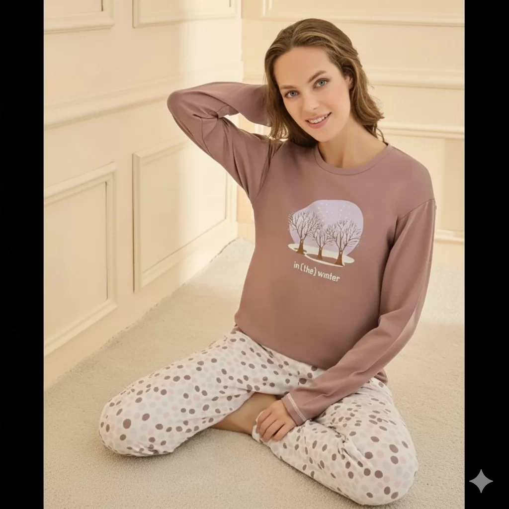 90781 Kadın Ayıcıklı Uzun Kol Pijama Takımı