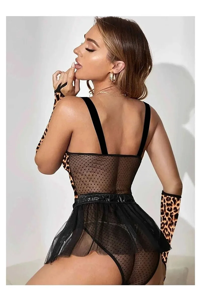 Kadın Seksi Tül Etekli Leopar Desenli Fantezi Kostüm