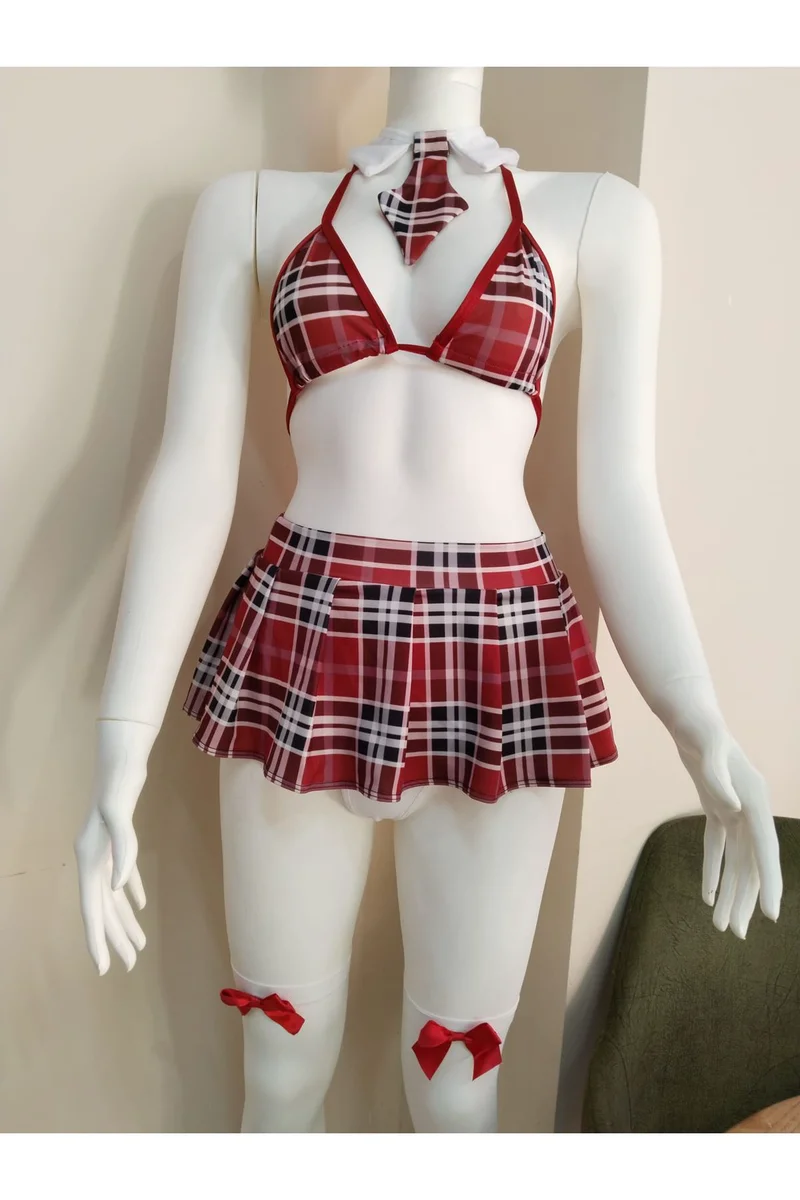 Kadın Seksi Ekose Etekli Liseli Fantezi Kostüm Çorap Hediyeli