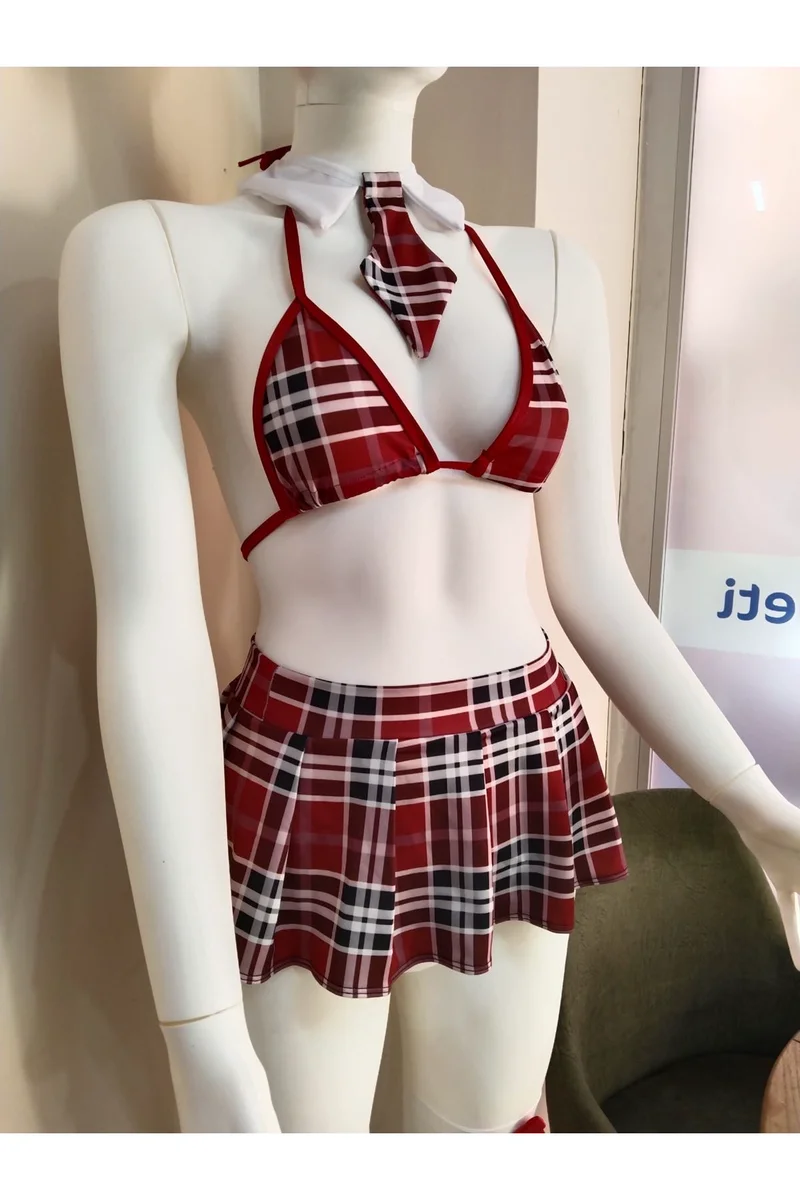 Kadın Seksi Ekose Etekli Liseli Fantezi Kostüm Çorap Hediyeli