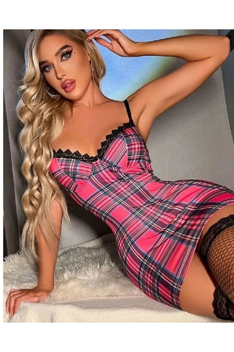 Kadın Seksi Ekose Desen Mini Clup Gece Elbisesi