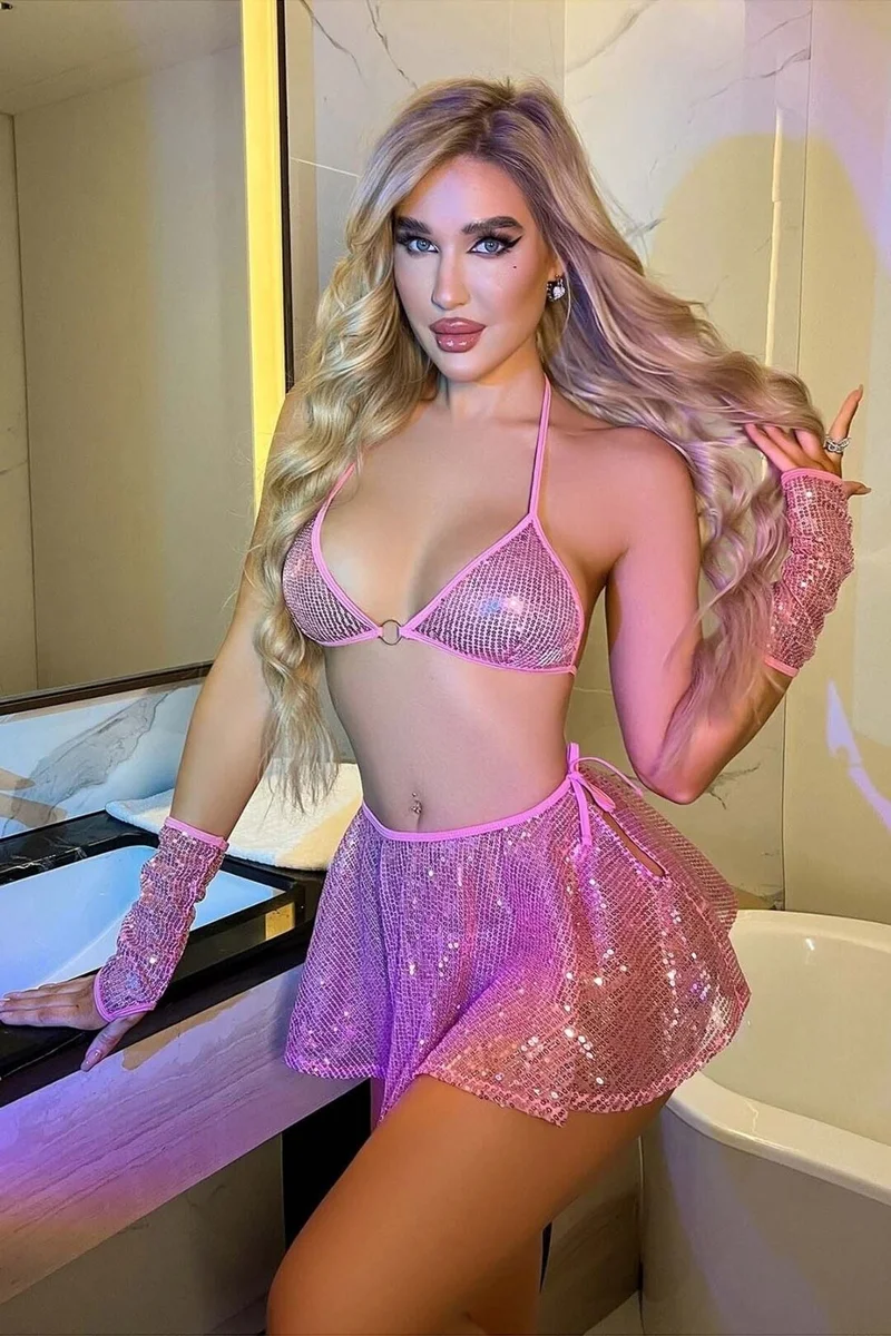 Kadın Pembe Seksi Pullu Fantezi Kostüm Clup Elbise