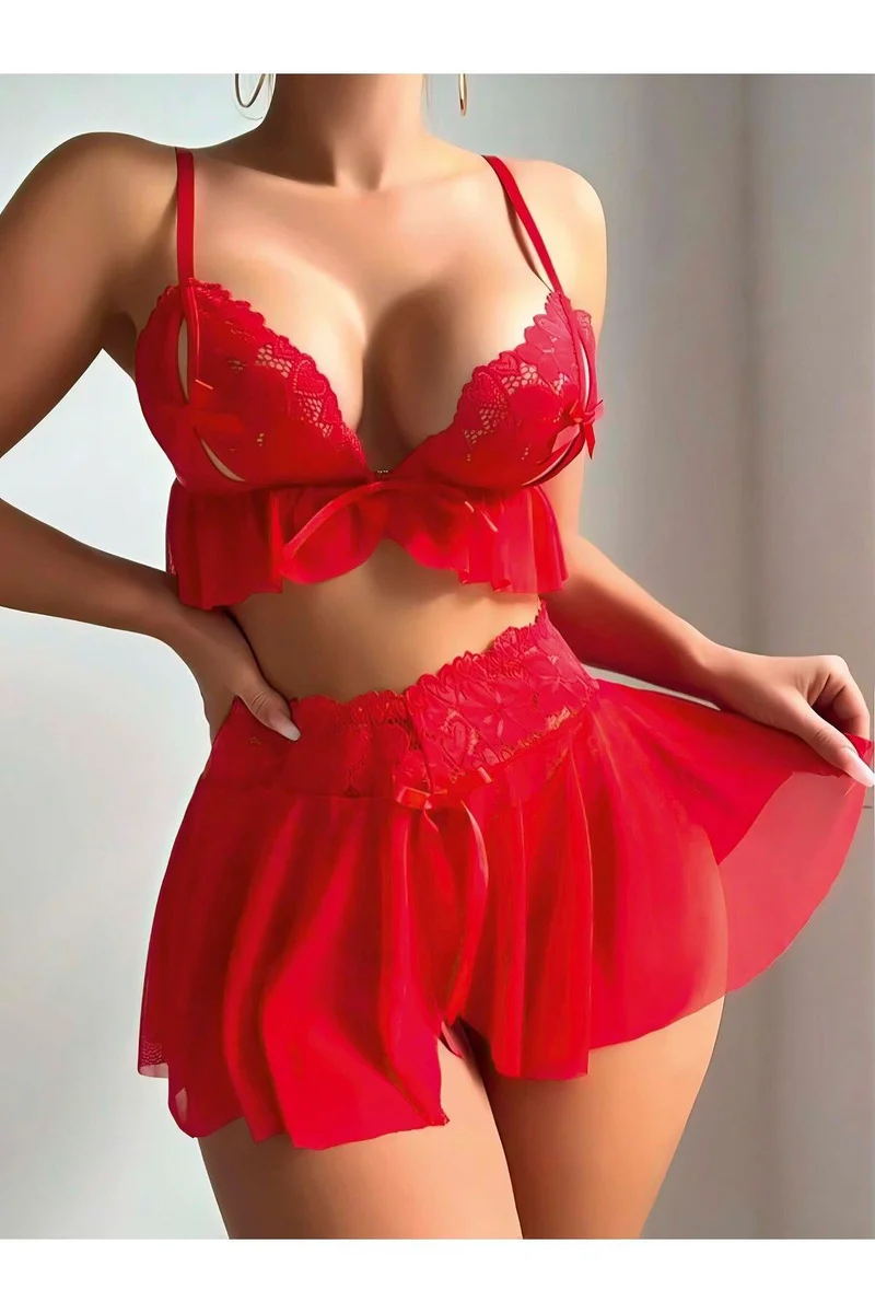 Kadın Kırmızı Tül Etekli Seksi Fantezi Kostüm