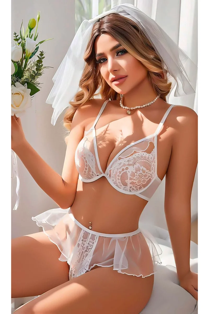 Kadın Beyaz Gelin Seksi Sütyen Külot Takımı Dantelli İç Çamaşır Takımı Duvak Aksesuarlı İç Çamaşır