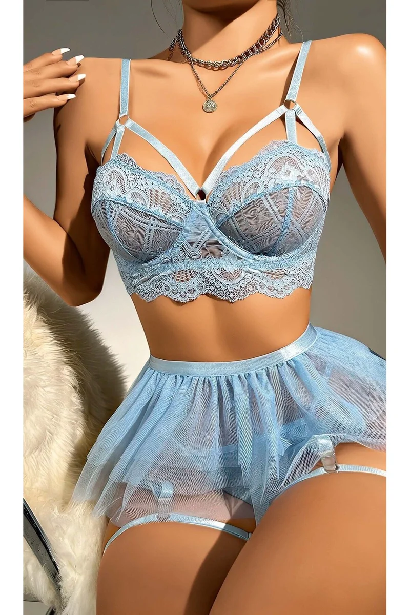 Kadın Bebe Mavisi Seksi Bacak bantlı Tül Etekli Fantezi Kostüm